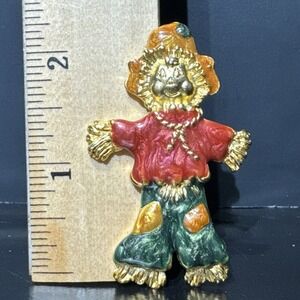 Vtg Unmarked Red Green Yellow Enameled Scarecrow‎ Autumn Fall Brooch Pin